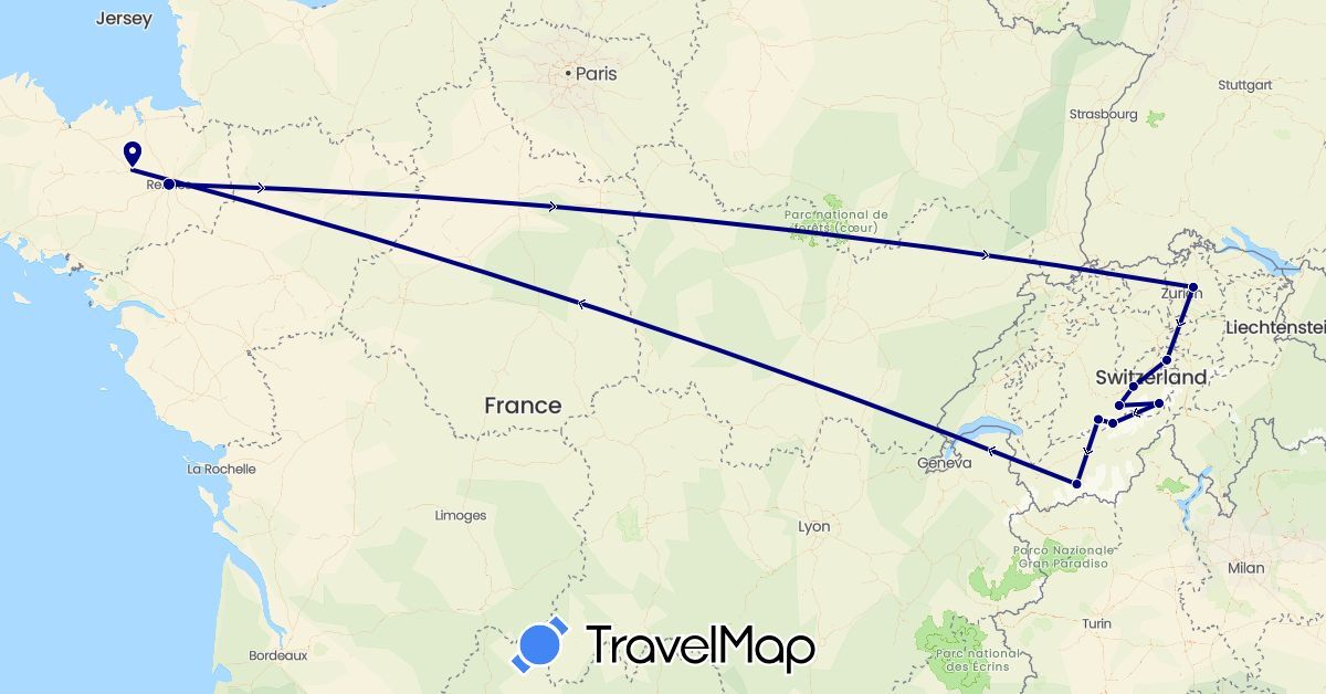 TravelMap itinerary: driving in Switzerland, France (Europe)